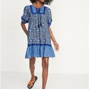 Old Navy Puff Sleeve Peacock Swing Mini Dress Blue Printed Cotton Cottagecore S